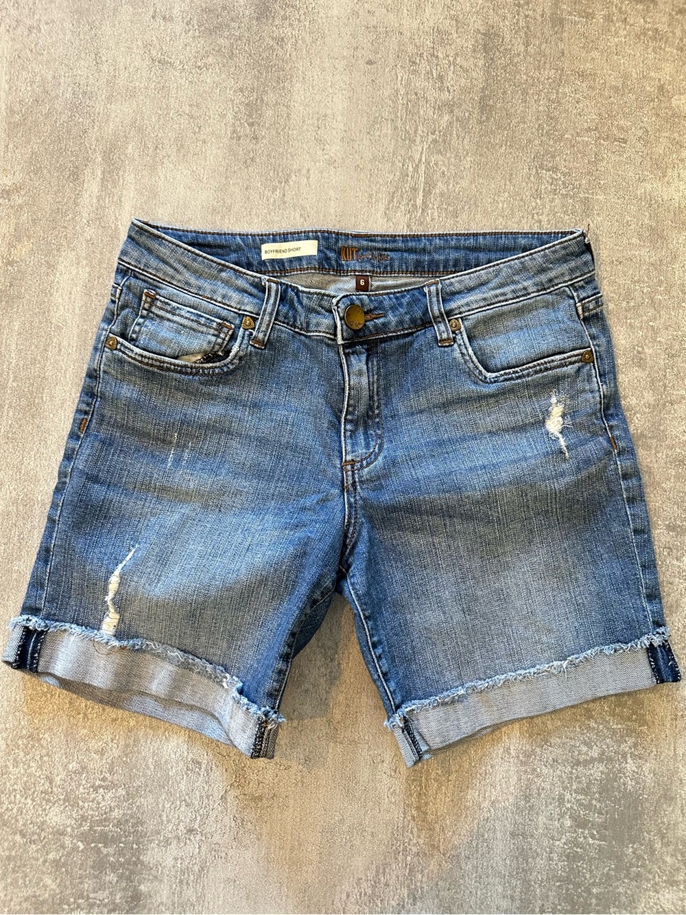 Kut from the Kloth Boyfriend Medium Blue Distressed Roll-Cuff Jean Shorts